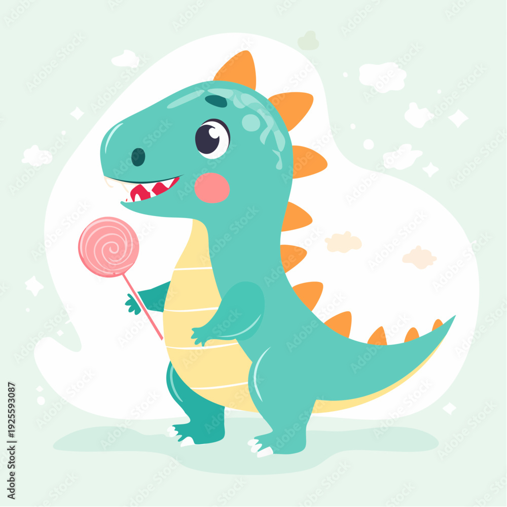 Naklejka premium Cute cartoon baby dinosaur holding a lollipop, illustration for children