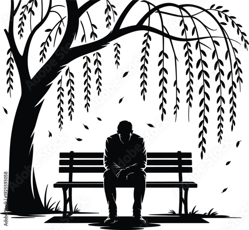Sad man sitting alone on park bench under weeping willow tree branches silhouette representing depression loneliness and mental health struggles outdoors
