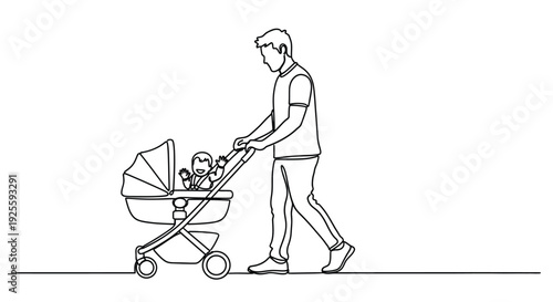 Father walking with a baby in a stroller single line silhouette