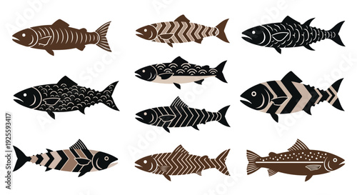 Flat lay of various fish silhouettes with different patterns on a white background.