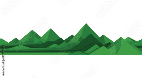 Low-poly green mountain range landscape with various shades of green against a white background.