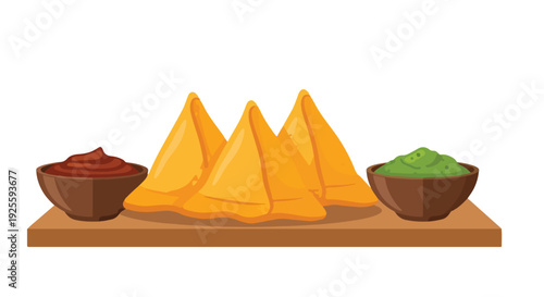 Illustration of samosas with red and green chutneys on a wooden board against a white background.