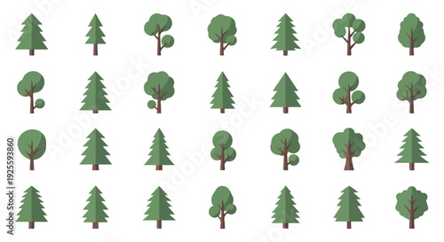 Illustration of various green tree icons in different shapes and sizes on a white background.