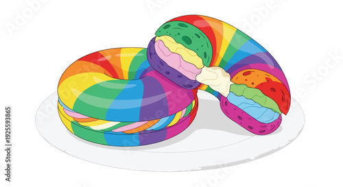 Illustration of two colorful rainbow bagels on a white plate, flat lay from above with vibrant hues.