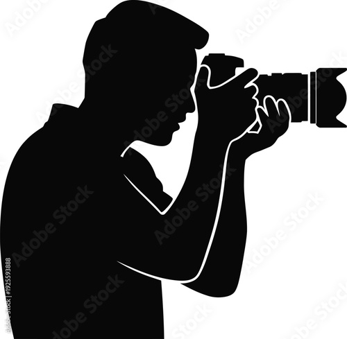 Professional photographer capturing moments with a digital single-lens reflex camera, silhouetted against a transparent background ready for use