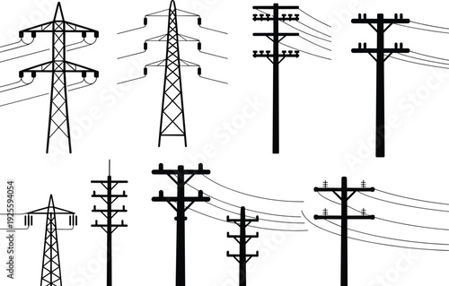 Set Of Black Silhouettes Of Electricity Poles And Towers With Wires power pylon