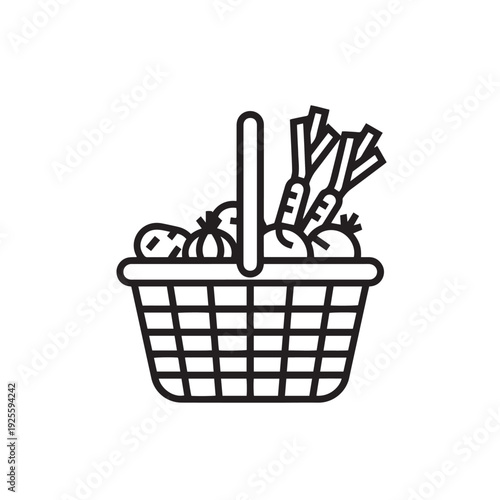 Simple black and white line art vector graphic of a basket filled with freshly harvested farm produce
