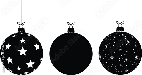 Black and white vector illustration of three hanging Christmas baubles featuring stars celestial patterns and solid silhouettes for holiday decorations.