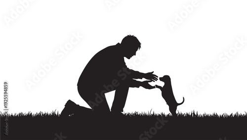 Man kneeling silhouette playing with small dog on grass, friendly pet interaction scene, black cutout vector style isolated on white background with copy space