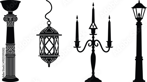 Black and white vector illustration set featuring classical Greek column pedestal hanging lantern ornate candelabra and vintage street lamp post silhouettes.