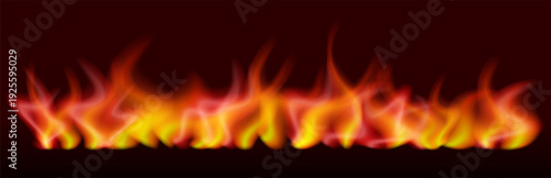 Realistic fire flames on dark background. Isolated transparent vector objects