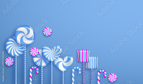 Candies and lollipops on blue background
