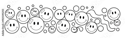A cheerful border of smiling faces and bubbles in a playful