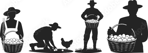 Black Silhouette Set Of Farmers Gathering Fresh Eggs Into Baskets Featuring Poultry Farming Scenes Countryside Agriculture Organic Food Production And Rural Life Illustrations