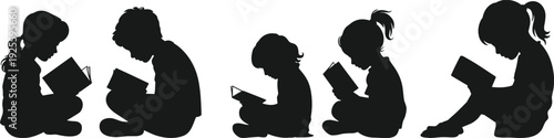 Black Silhouette Set Of Five Children Sitting And Reading Books Featuring Boys And Girls In Profile View For Educational Graphic Design Elements
