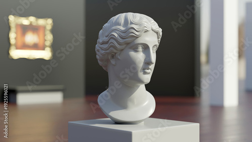 Aphrodite statue bust, Venus marble sculpture in a museum display, Ancient Greek goddess of love and beauty. 3D render