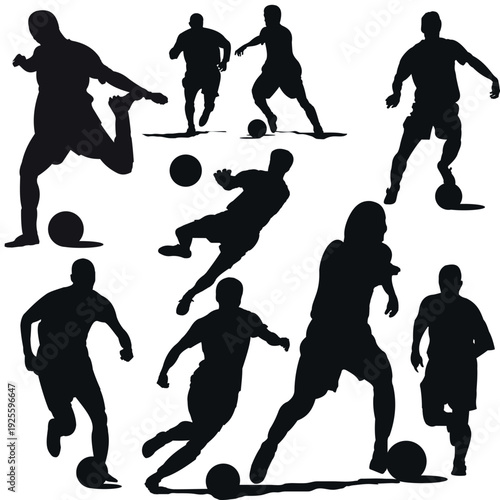 professional soccer player silhouettes in action, set of eight football athletes dribbling, kicking, and goalkeeping, isolated on white for sports graphic design