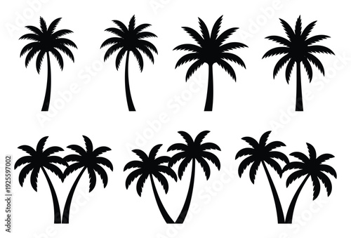 Collection of black silhouette palm trees on a white background