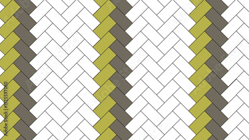Modern herringbone pattern with white, gray, and olive green tiles