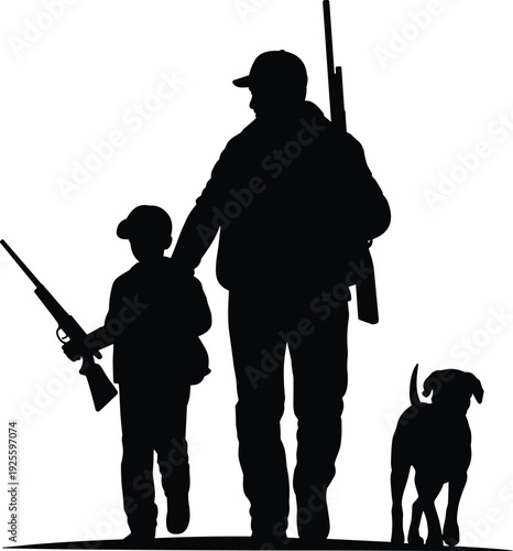 Silhouette of a man and boy with rifles and a dog walking on white background father