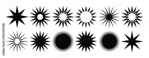 Collection of Black Starburst and Sunburst Shapes on White Background