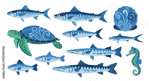 Collection of blue ocean creatures including fish, turtle, and seahorse on white background with swirly designs.