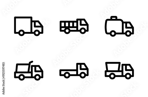 Heavy Trucks icon set, robust transportation and delivery icons for logistics, cargo, and industry