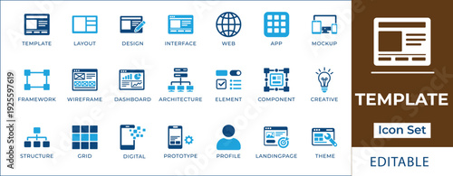 Website template and UI layout icon set featuring web interface design, wireframe, dashboard architecture, mobile mockup, landing page, and digital prototype development symbols.