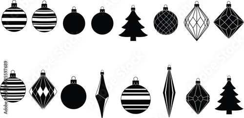 Black and white vector illustration set of hanging Christmas ornaments featuring striped baubles pine trees and diamond shaped holiday decorations.