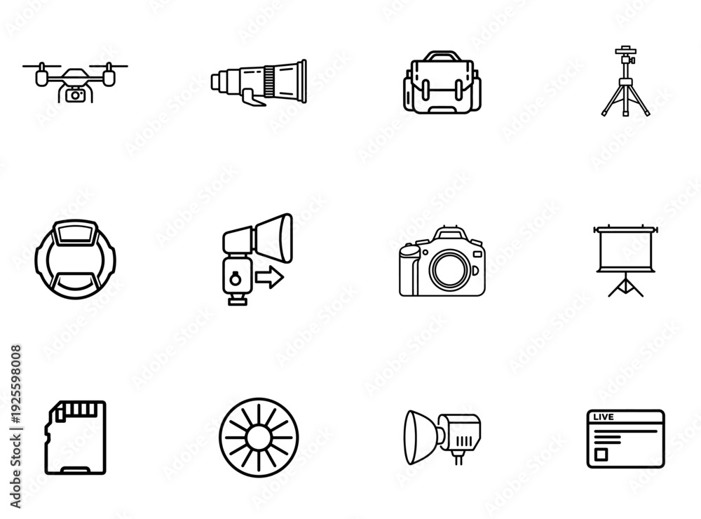 Obraz premium Equipment Tech Vector Outline Icons Set including Drone, Megaphone, Camera, Tripod, Projector, Spotlight, Backpack, Video Camera and Gadgets in Line Art Style for Photography Media Graphic Design Vect