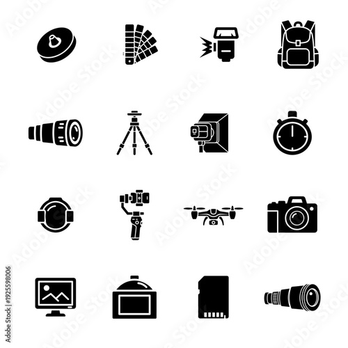 Black Silhouette Vector Icons Set of Photography Videography Equipment including Camera, Lens, Tripod, Drone, Gimbal, Headphones, Stopwatch, Monitor and Telescope for Media Graphic Design Vector Pack