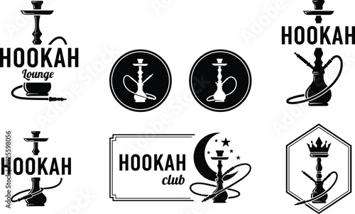 Black and white vector illustration set of hookah lounge logos featuring traditional shisha pipes silhouettes for clubs and smoking bars.