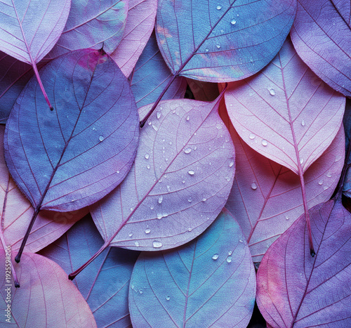 Colorful gradient leaves with water droplets in overlapping arrangement showcasing vibrant blue, purple and pink tones