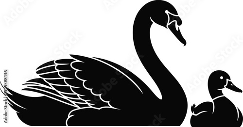 Silhouette of a swan and a duckling swimming together on a white background bird animal