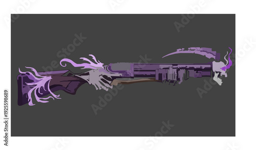 Create a detailed vector illustration of an M1887 lever-action shotgun designed with a purple reaper fantasy theme. Decorate the weapon with glowing violet accents, stylized skull motifs, dark smoke e