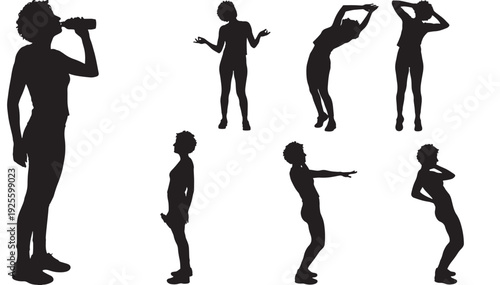 Women silhouette set with various poses and activities, drinking, exercising, dancing, standing, black profiles featuring silhouettes, female, people with white background and fitness elements for