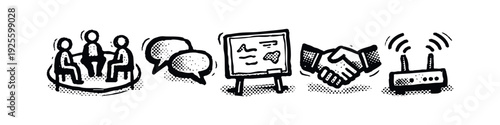 Business Communication, Teamwork and Connectivity Icons - Hand-Drawn Sketch Collection