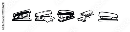 Hand-Drawn Stapler and Staple Remover Icons, Depicting Office Tools and Document Handling