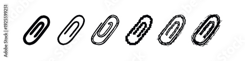 Set of Paperclip Icons in Multiple Digital Art Styles: Solid, Outline, Sketchy, Pixelated, and Grunge