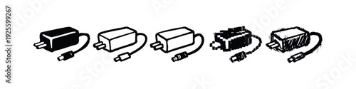 Hand-Drawn Power Adapter and Charger Icon Set with Cable in Various Styles