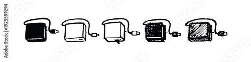 USB Charger and Power Bank Icons in Diverse Styles: Solid, Outline, Sketchy, and Hatching for Technology
