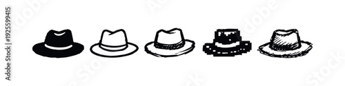 Set of hand-drawn and pixel art fedora hat icons in various black and white styles, isolated on white.