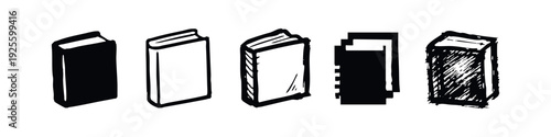 Hand-drawn and pixelated book icons in various styles, including solid and textured designs, isolated.