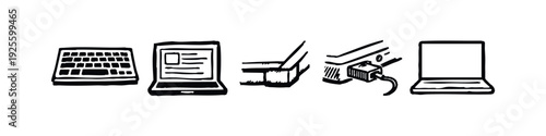 Hand-drawn computer peripheral and laptop icons. Digital workspace and connectivity doodles, including charger and cables.