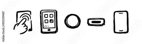 Hand-drawn digital device and interaction icons. Mobile technology and smart gadget doodle set for various uses.