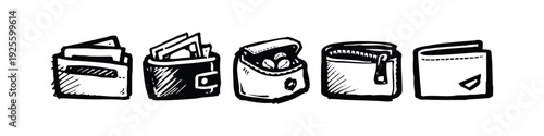 Diverse Money Holder Icons Set: Wallets, Coin Purse, and Zippered Pouch in Sketch Style