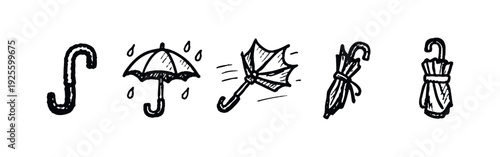Sketchy Umbrella and Rainy Weather Icon Collection: Curved Handle, Raindrops, Wind, and Folded Umbrella Doodles