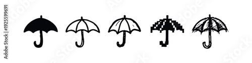 Set of Hand Drawn Umbrella Icons in Diverse Styles: Sketchy, Solid, Pixel Art, and Outline for Weather and Protection