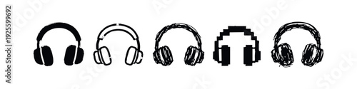 Over-Ear Headphone Icons Set: Hand-Drawn, Pixel Art, and Outline Styles for Audio Concepts