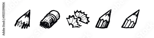 Hand-drawn set of pencil elements including sharpened tips and wood shavings, ideal for art and school concepts.
